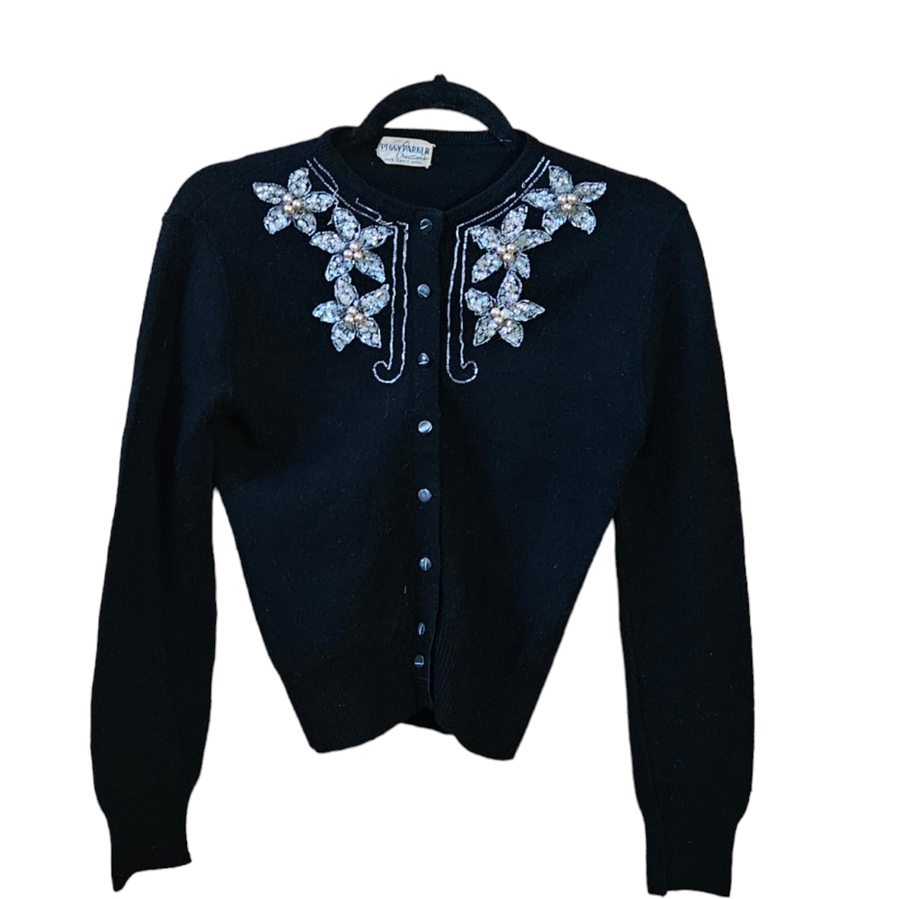 Vintage Peggy Parker Black embellished 100%wool Cardigan